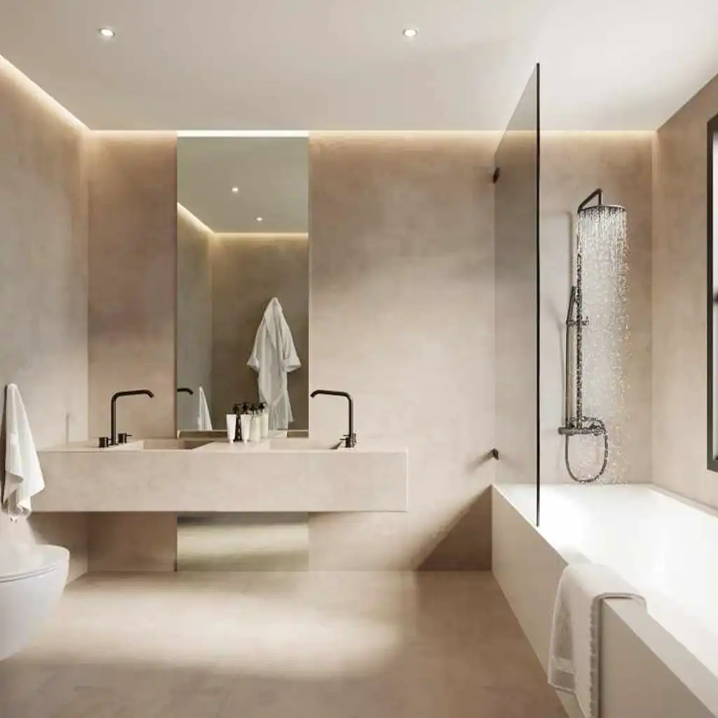 Modernes Badezimmer mit Dusche, Badewanne und Spiegel, in neutralen Farbtönen.