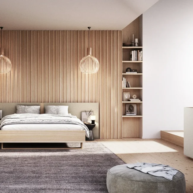 Modernes Schlafzimmer mit Holzvertäfelung, Doppelbett, Nachttischen und einem gemütlichen Teppich.